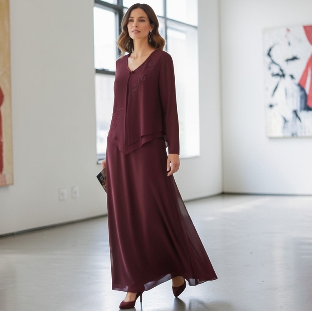 Vintage Joseph Ribkoff Elegant Burgundy Maxi Dress embroidered flowers